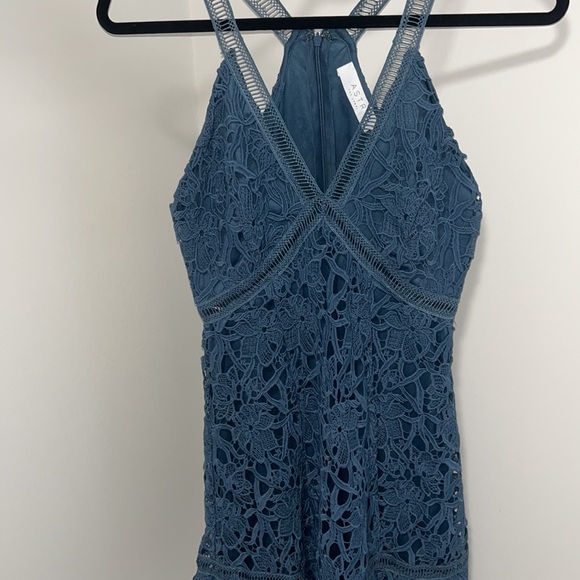Lace blue strap midi length evening cocktail dress - Picture 1 of 6